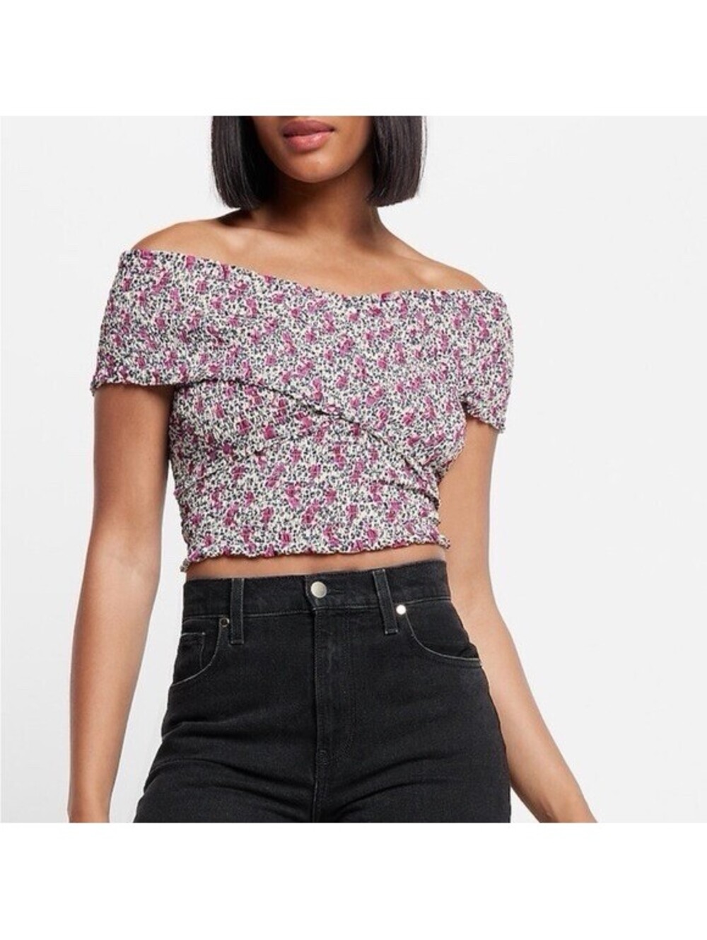 Express Floral Smocked Wrap Off-the-Shoulder Cropped Blouse Sz M